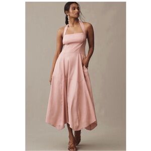 Elegant Pink Linen-Blend Halter Dress